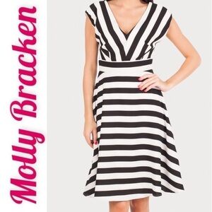 NWT ANTHROPOLOGIE Molly Bracken Striped Double V Neck Fit & Flare Dress, Size XS